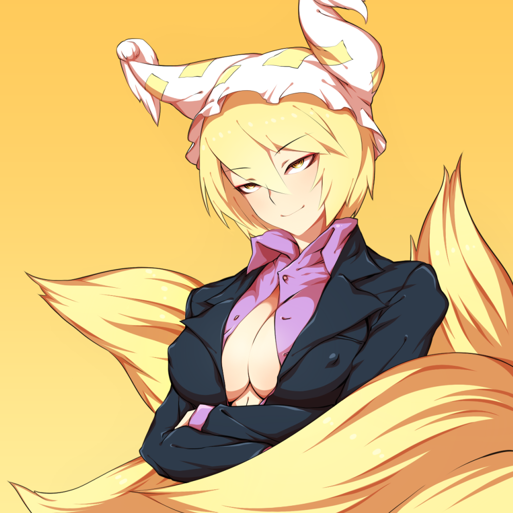 blonde_hair breasts cleavage contemporary covered_nipples crossed_arms formal fox_tail hat kaminari large_breasts multiple_tails no_bra simple_background smile smug solo suit tail touhou upper_body yakumo_ran yellow_background yellow_eyes