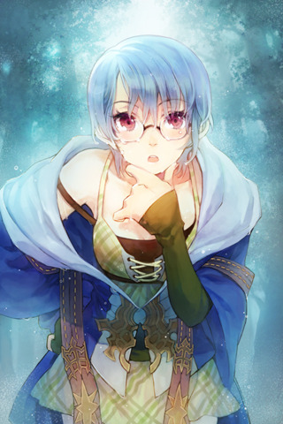 arm_warmers bad_id bad_pixiv_id blue_hair chin_rest esprit forest glasses hakou_(barasensou) hand_on_hip leaning_forward looking_at_viewer lowres nature off_shoulder plaid plaid_skirt red_eyes short_hair skirt solo sword_girls