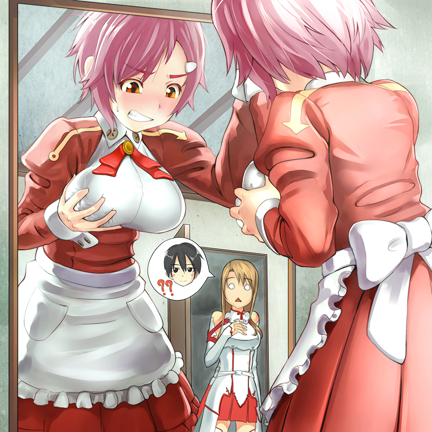 ? apron asuna_(sao) breast_grab breastplate breasts brown_hair clenched_teeth commentary grabbing hitotose_(spiralray) kirito large_breasts lisbeth long_hair mirror multiple_girls o_o personality_switch pink_hair red_eyes reflection self_fondle short_hair sword_art_online teeth thighhighs triangle_mouth