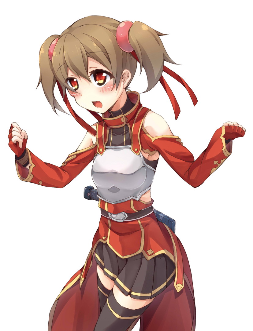 :o bad_id bad_pixiv_id bare_shoulders belt black_legwear breastplate brown_hair fingerless_gloves gloves hair_ribbon oruto_(ort+) red_eyes ribbon silica simple_background skirt solo sword_art_online thighhighs twintails white_background