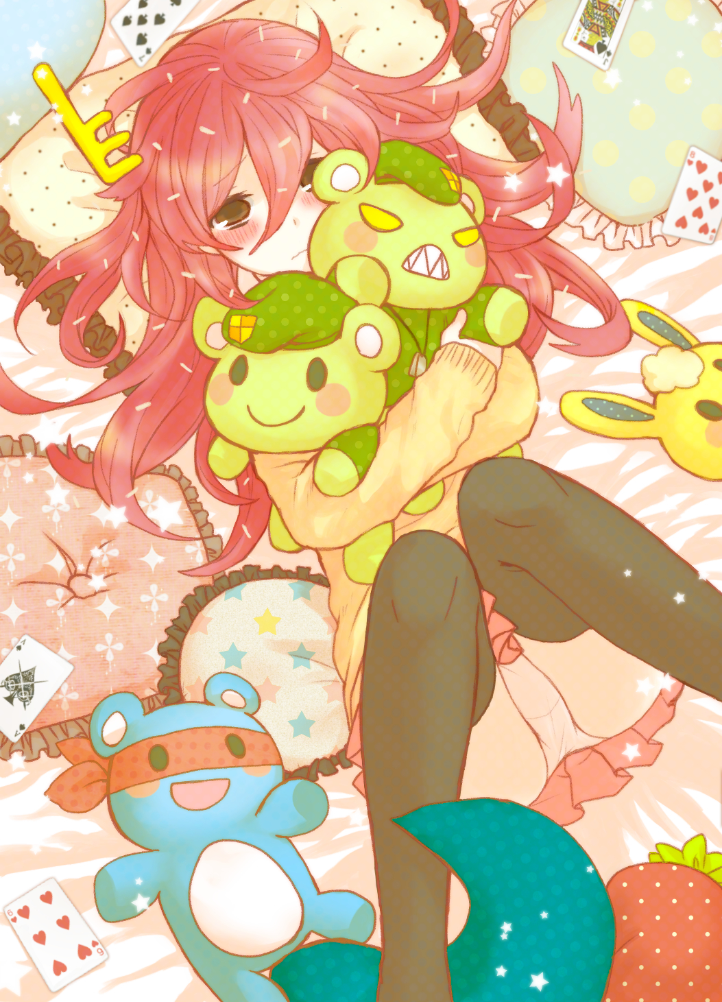 blush card cuddles flaky flippy happy_tree_friends highres long_hair lumpy lying panties personification pillow playing_card poker puppet red_hair splendid underwear