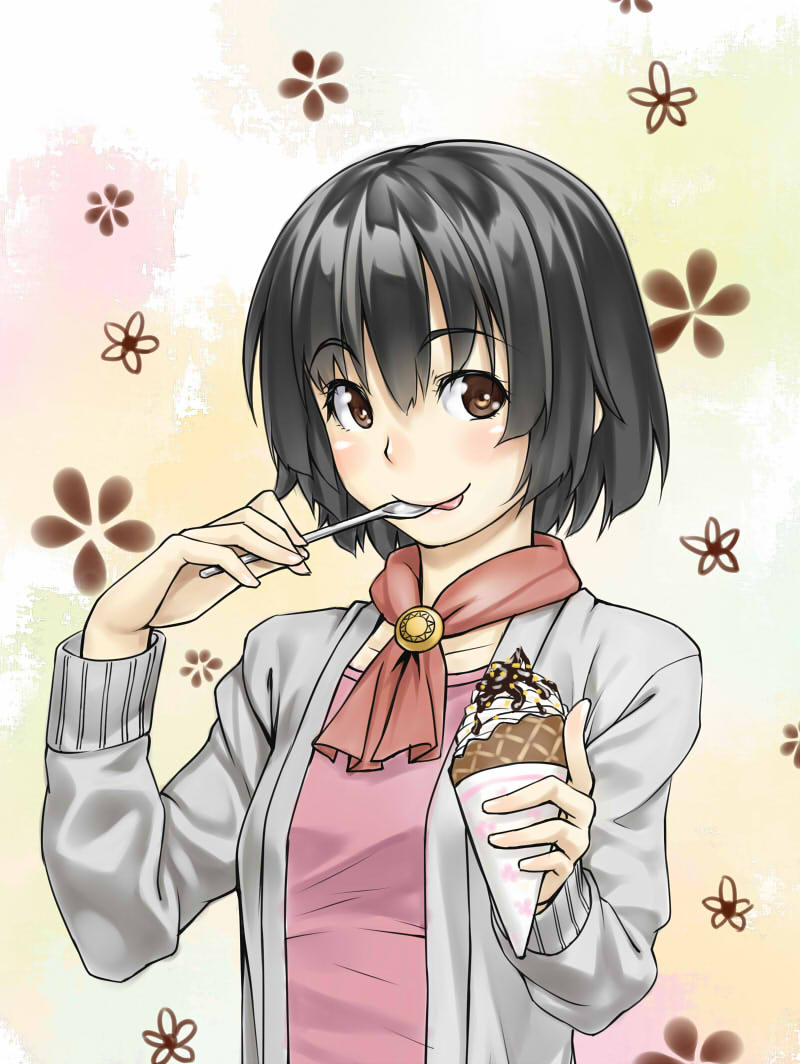 :p ascot black_hair brown_eyes cardigan eating floral_background food h_kasei ice_cream ice_cream_cone original short_hair solo spoon tongue tongue_out