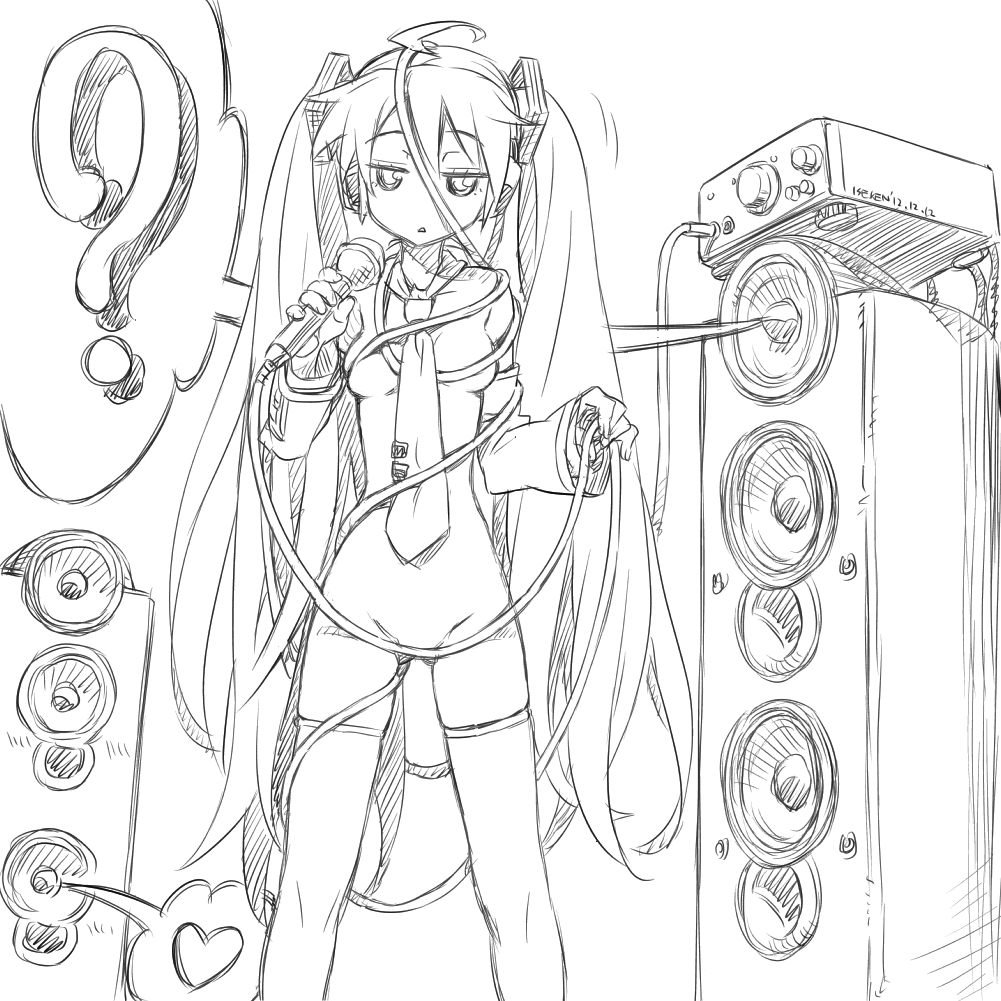 2012 cable censored convenient_censoring dated detached_sleeves greyscale hatsune_miku isedaichi_ken long_hair microphone monochrome necktie nude solo speaker thighhighs twintails very_long_hair vocaloid