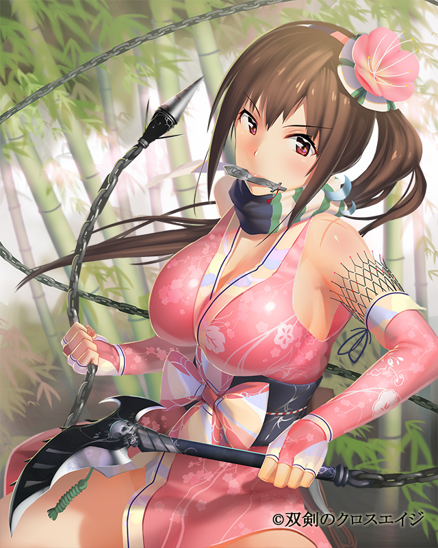 bad_id bad_pixiv_id breasts bridal_gauntlets brown_eyes brown_hair chain ddal flower genderswap genderswap_(mtf) hair_flower hair_ornament kama_(weapon) kusarigama large_breasts long_hair mouth_hold shishido_baiken sickle side_ponytail solo souken_no_cross_age weapon whip