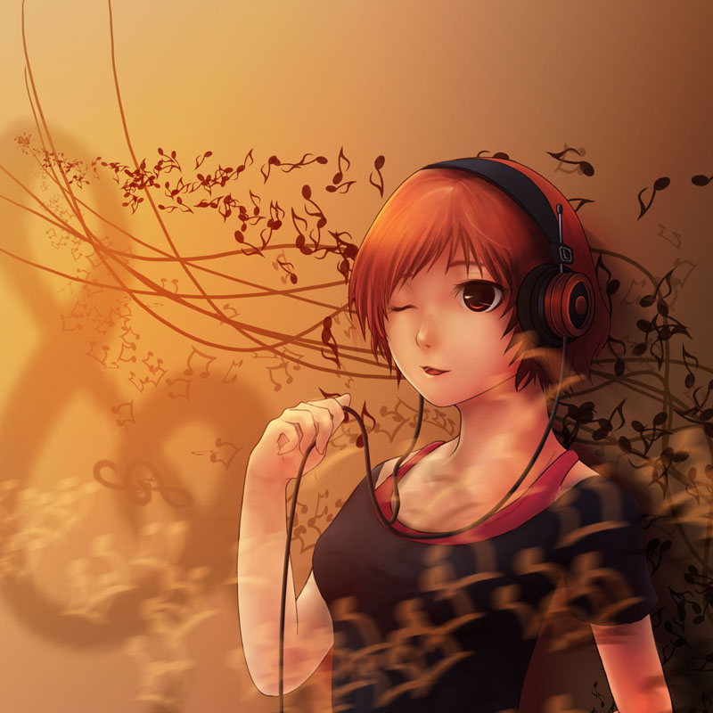 cable cafehu copyright_request grado_labs headphones listening_to_music musical_note one_eye_closed red_eyes red_hair short_hair solo tank_top
