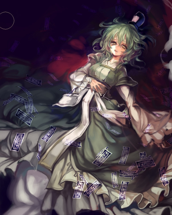 alternate_costume cis_(carcharias) ghost_tail green_eyes green_hair hand_on_own_stomach hat japanese_clothes lying ofuda on_back open_mouth short_hair soga_no_tojiko solo tate_eboshi touhou work_in_progress