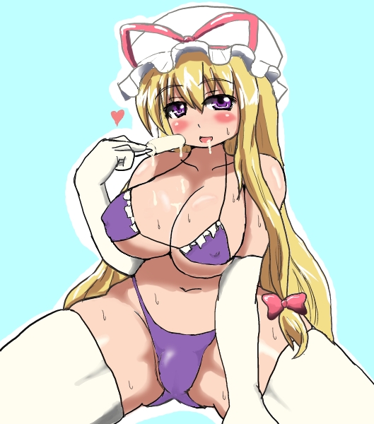 bikini blonde_hair blush breasts cleavage covered_nipples digikino dripping elbow_gloves food gloves hat hat_ribbon huge_breasts kneeling long_hair micro_bikini naughty_face plump popsicle purple_bikini purple_eyes ribbon solo sweat swimsuit thick_thighs thighhighs thighs touhou underboob very_long_hair white_gloves white_legwear yakumo_yukari