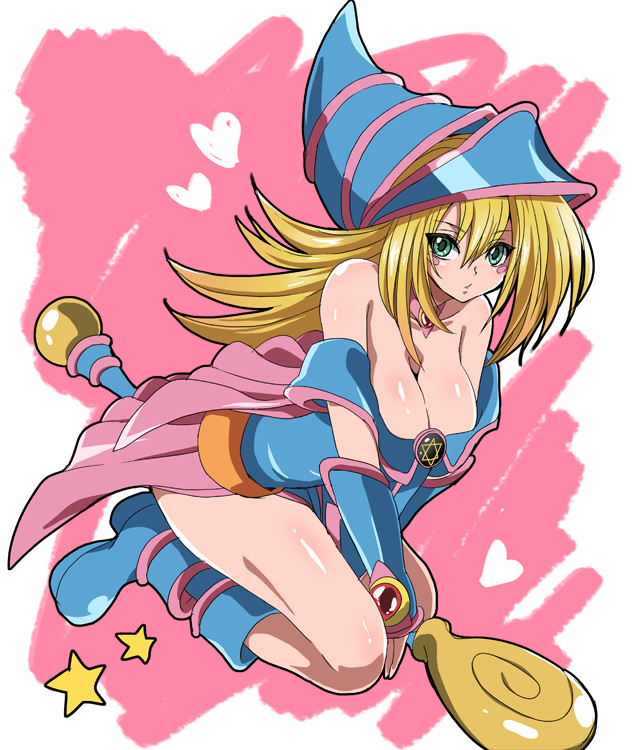 bad_id bad_pixiv_id bare_shoulders between_legs blonde_hair blue_footwear blush_stickers boots breasts choker cleavage dark_magician_girl duel_monster green_eyes hat heart kneeling large_breasts long_hair parted_lips pentacle solo staff star wizard_hat yuu-gi-ou yuu-gi-ou_duel_monsters yuuga_(cherrybomb-g)
