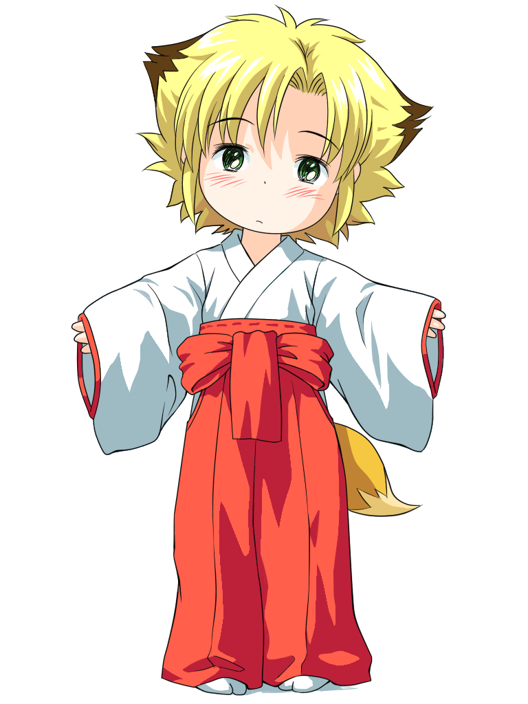 b-daman bakukyuu_hit!_crash_b-daman blonde_hair fox_tail green_eyes japanese_clothes jkt_(sheltem) looking_at_viewer male_focus miko new_year simple_background solo tail tsukino_konta white_background