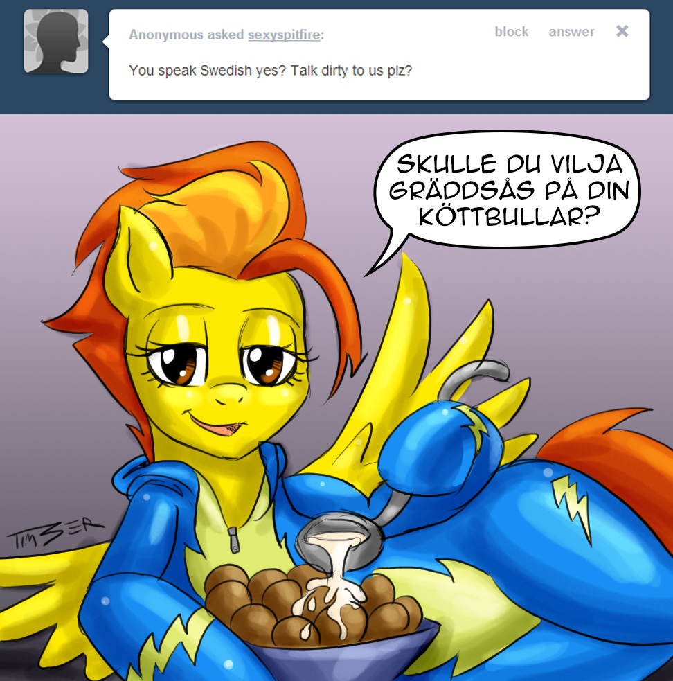amber_eyes dialog dialogue english_text equine female feral food friendship_is_magic hair horse looking_at_viewer mammal meatballs my_little_pony pegasus pluckyninja pony sauce smile solo spitfire_(mlp) swedish swedish_text text timber_(artist) tumblr two_tone_hair wings wonderbolts_(mlp)