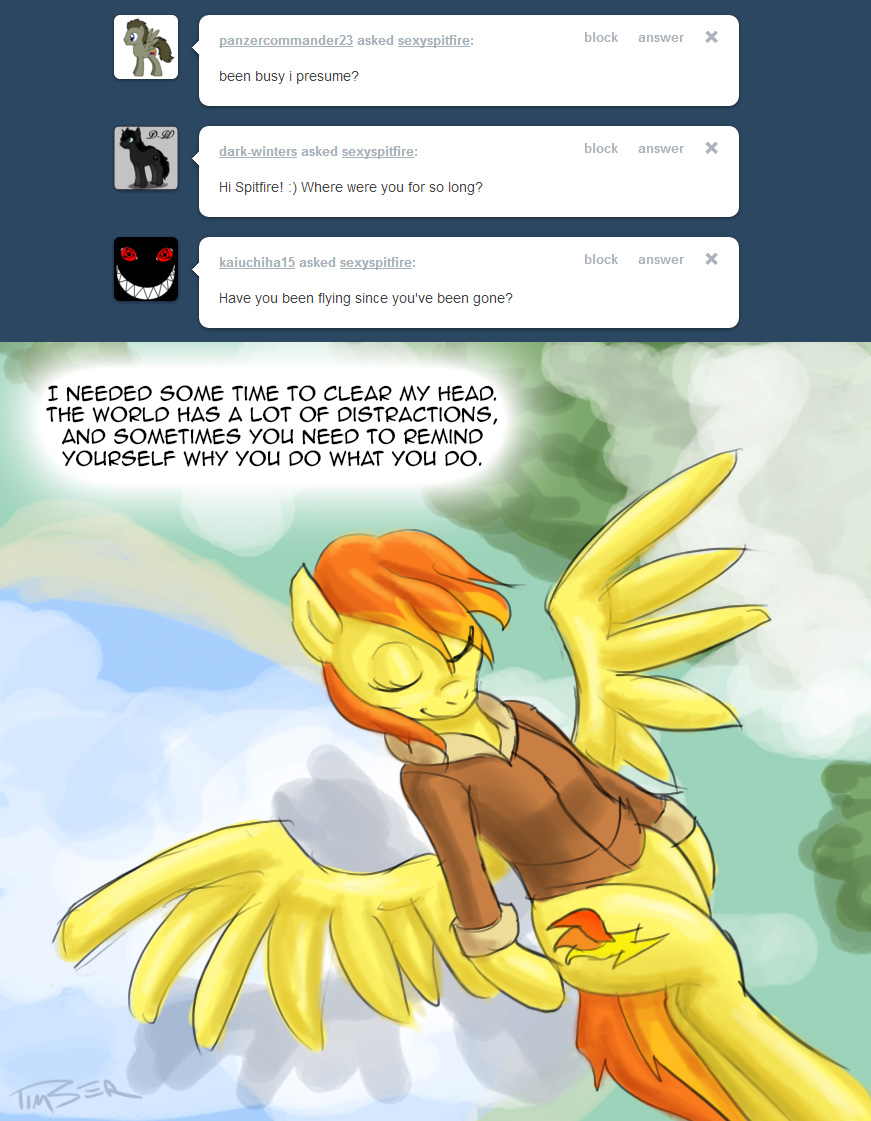 dialog dialogue english_text equine eyes_closed female flying friendship_is_magic hair horse jacket mammal my_little_pony pegasus pluckyninja pony smile spitfire_(mlp) text timber_(artist) tumblr two_tone_hair wings wonderbolts_(mlp)