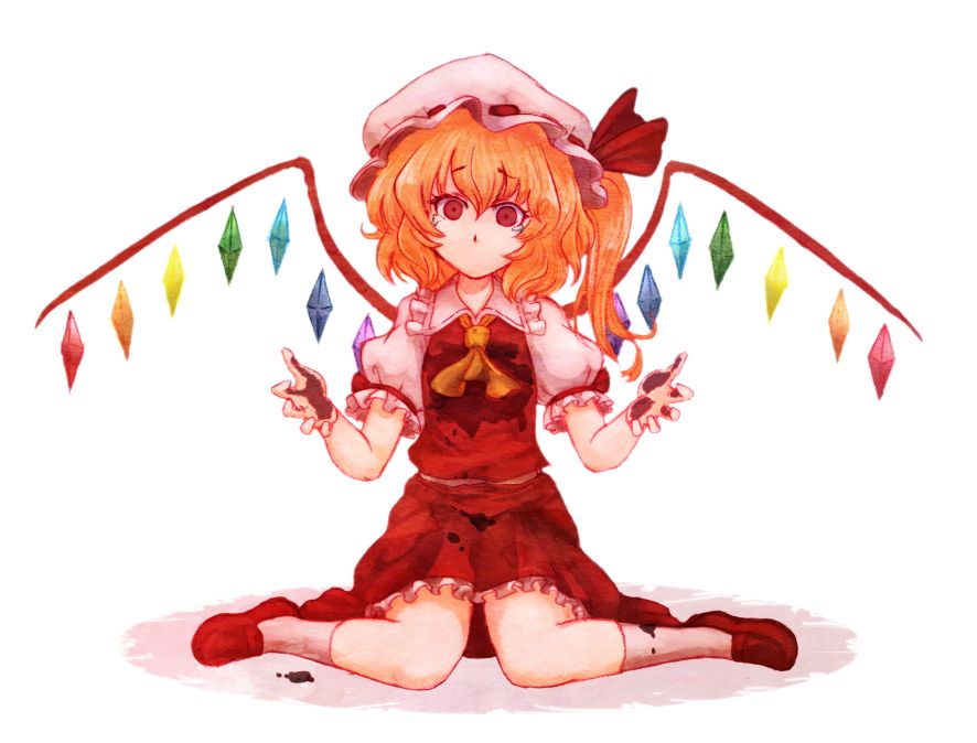 blonde_hair colored_pencil_(medium) flandre_scarlet hat hat_ribbon looking_at_viewer no_mouth red_eyes ribbon side_ponytail sitting solo tears terrajin touhou traditional_media wariza white_background wings