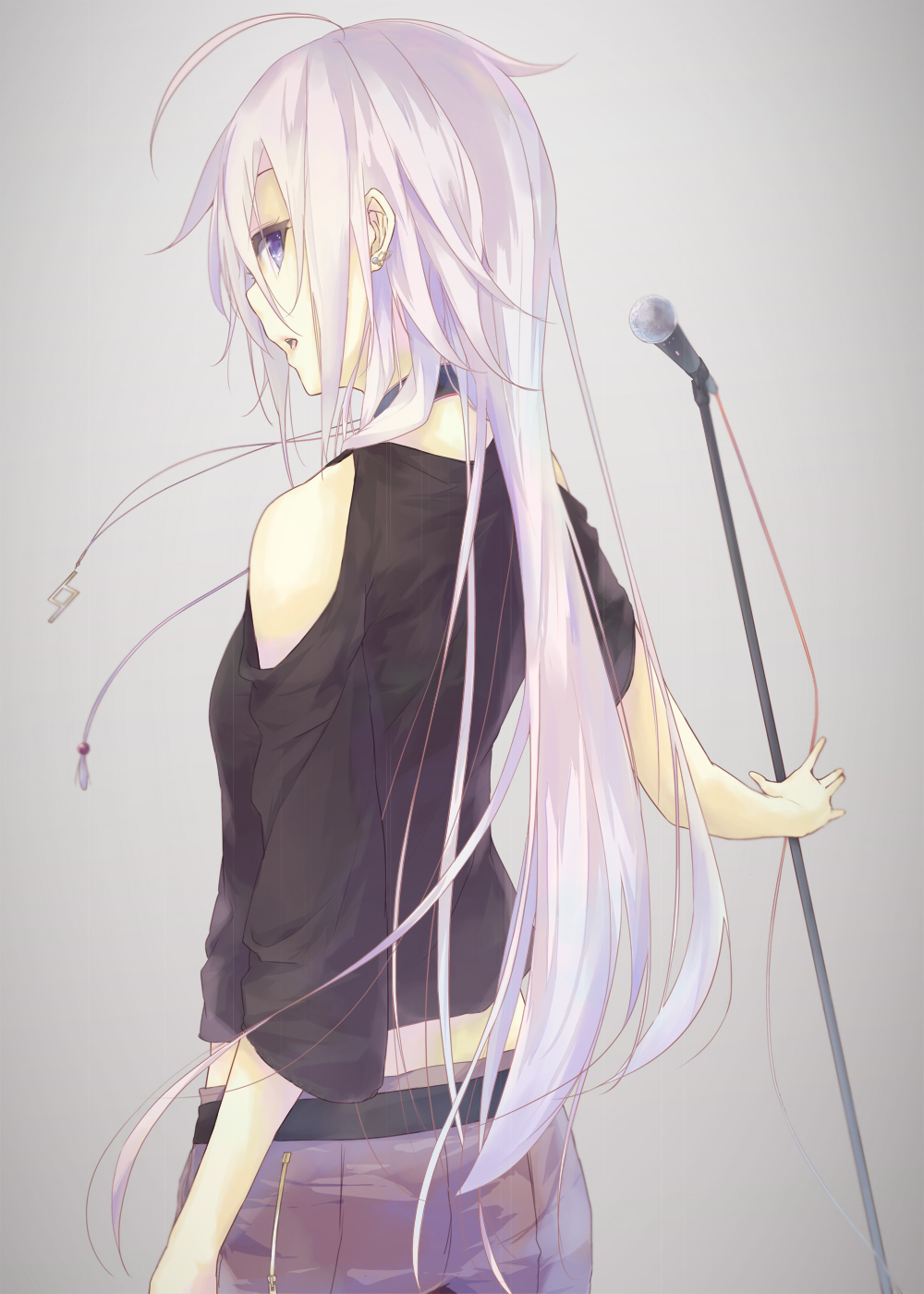 ahoge blue_eyes braid earrings from_behind highres ia_(vocaloid) jewelry la-na long_hair looking_back microphone microphone_stand open_mouth pink_hair skirt solo twin_braids very_long_hair vocaloid