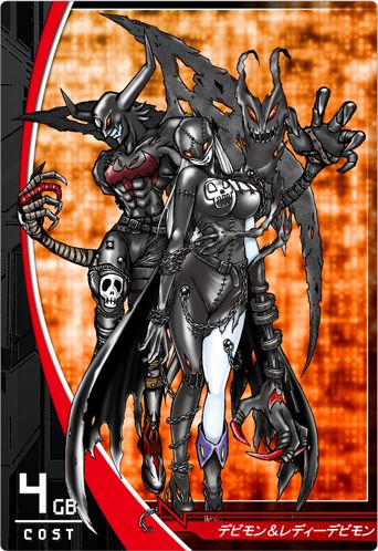 asymmetrical_clothes bat_wings belt belts boots breasts chains claw claws devil devimon digimon digimon_crusader duo evil grey_hair grey_skin horns ladydevimon large_breasts latex long_hair lowres mask muscle official_art red_eyes skull stitches wings