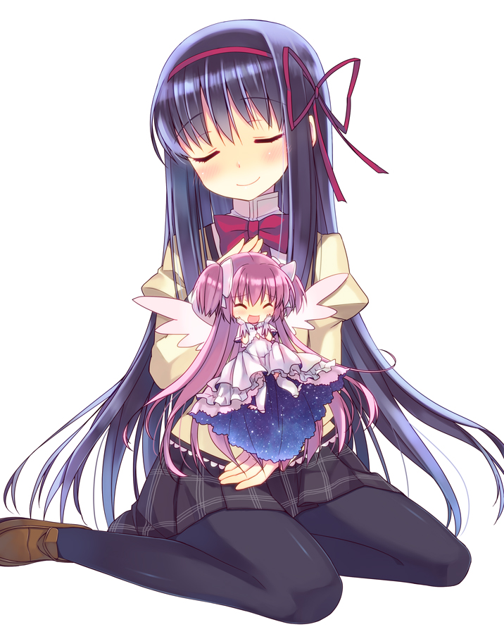 :d ^_^ akemi_homura black_hair black_legwear blush bow chibi closed_eyes dress hair_bow hair_ribbon hairband hands_on_own_cheeks hands_on_own_face juliet_sleeves kaname_madoka loafers long_hair long_sleeves mahou_shoujo_madoka_magica minigirl multiple_girls open_mouth pantyhose pink_hair puffy_sleeves ribbon school_uniform shoes simple_background sitting skirt smile tahya two_side_up ultimate_madoka white_background wings