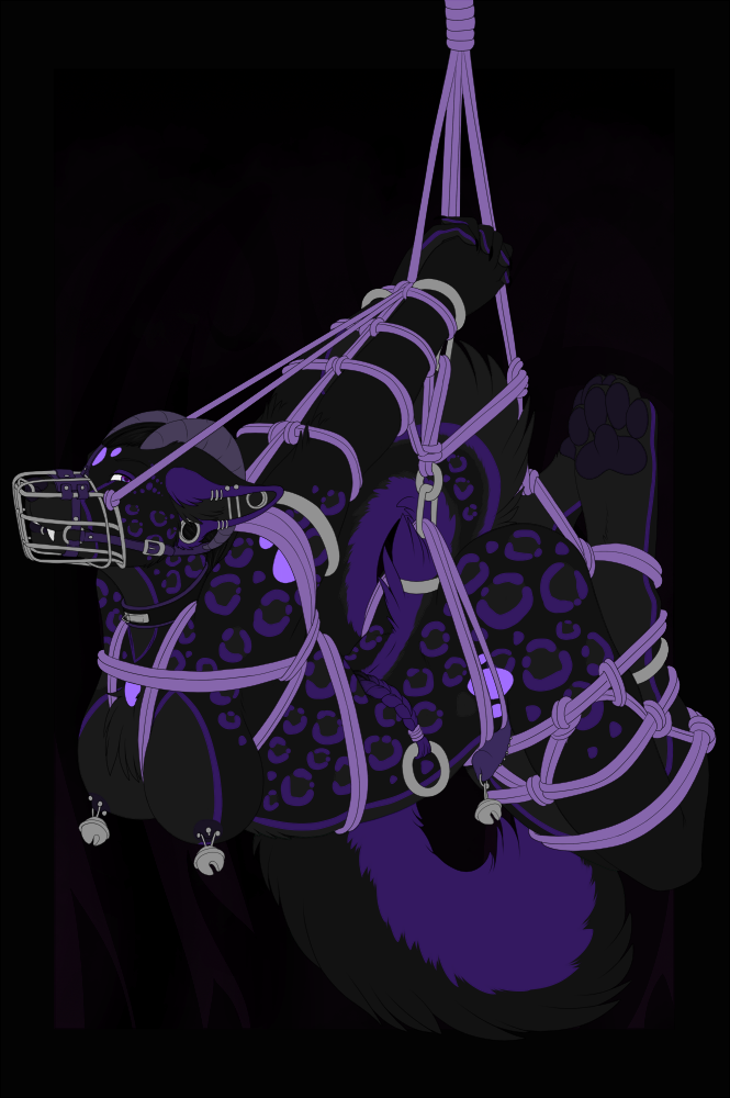 accelo bdsm bell black_background bondage bound breasts canine dickgirl ear_piercing fangs female fur gauged_ear hanging herm hindpaw horn industrial_piercing intersex kyr mammal muzzle_(object) muzzled nipple_piercing nipples nude nyghtwulf pawpads paws penis piercing plain_background purple_eyes purple_fur purple_theme restricted_palette ring rope solo suspension