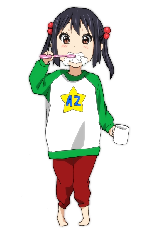 bad_id bad_pixiv_id black_hair brown_eyes brushing_teeth child cup grin hair_bobbles hair_ornament k-on! mug nakano_azusa pigeon-toed raglan_sleeves short_twintails simple_background smile solo standing toothbrush twintails watanore white_background younger