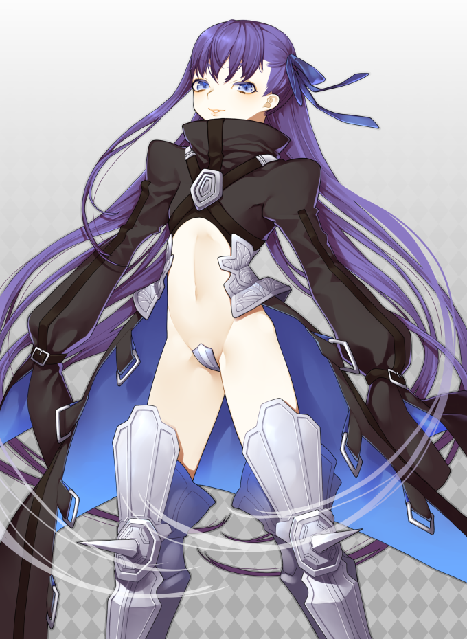 argyle argyle_background bad_id bad_pixiv_id boots crotch_plate fate/extra fate/extra_ccc fate_(series) gradient gradient_background greaves grey_background harano_(shirohata) jacket long_hair meltlilith midriff navel purple_eyes purple_hair revealing_clothes solo thigh_boots thighhighs white_background