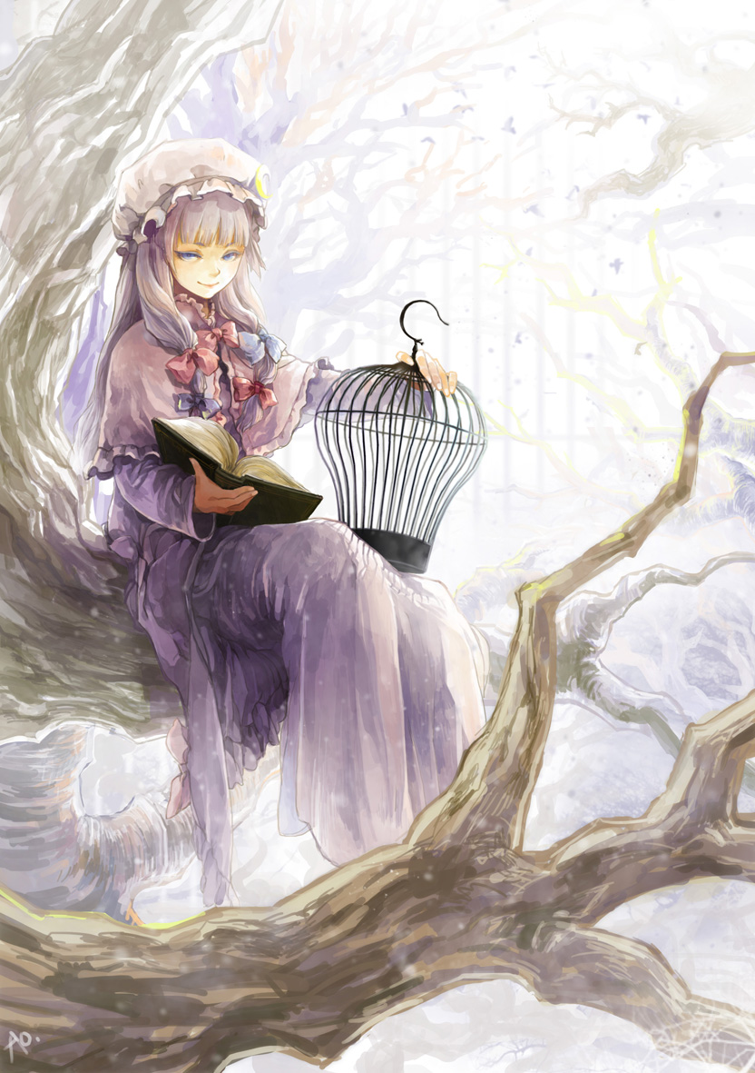 aocean birdcage book bow branch cage capelet crescent dress hair_bow hat holding holding_book long_hair looking_at_viewer open_book patchouli_knowledge purple_eyes purple_hair smile solo touhou