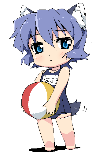 animal_ears ball beachball blue_eyes blue_hair blush chibi lowres one-piece_swimsuit original school_swimsuit short_hair simple_background solo swimsuit tail tonbi white_background