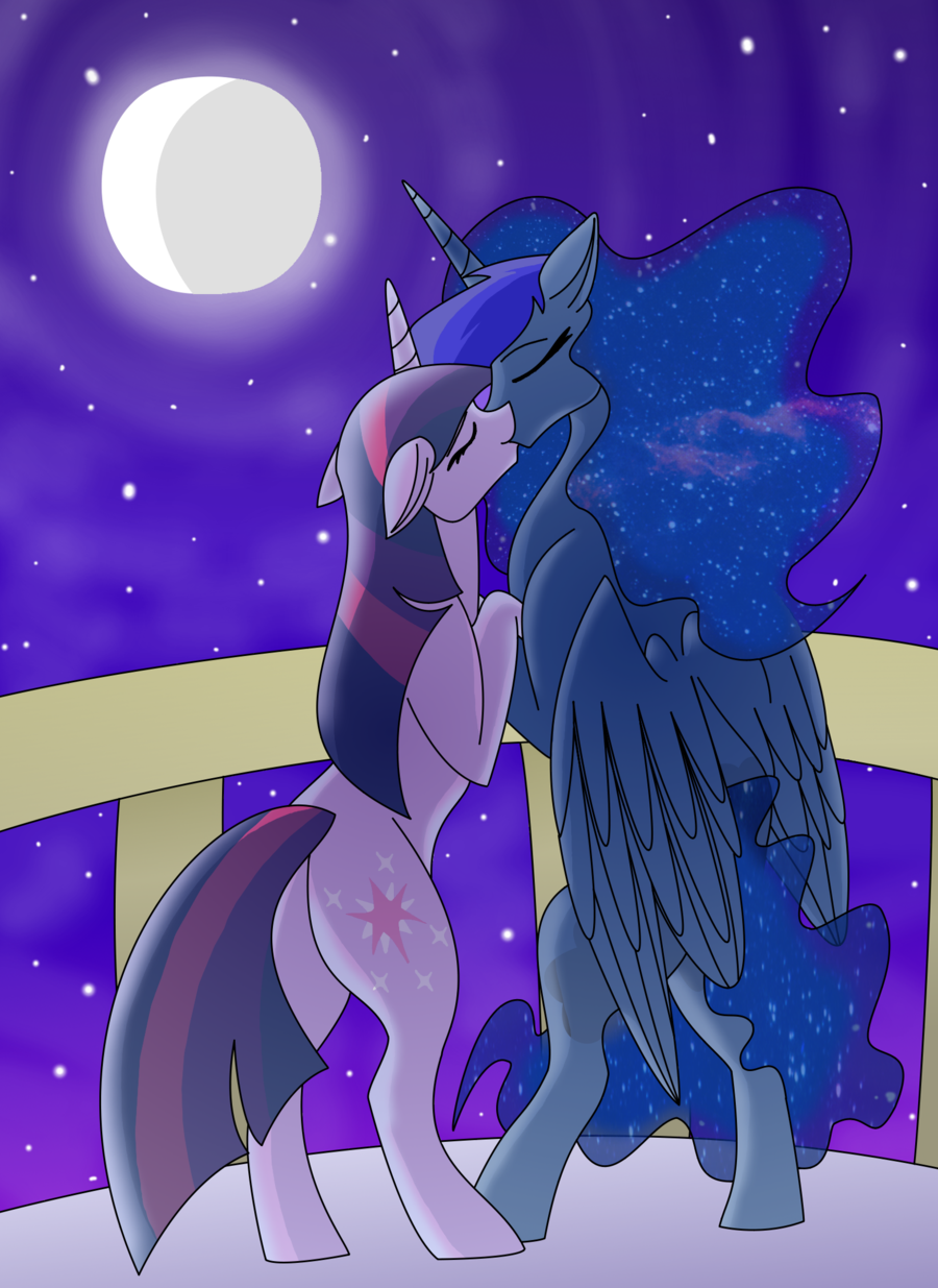 2012 balcony blue_hair castle cutie_mark duo equine female feral friendship_is_magic hair hi_res horn horse kissing lesbian long_hair mammal moon my_little_pony night pony princess_luna_(mlp) royalty twilight_sparkle_(mlp) unicorn winged_unicorn wings