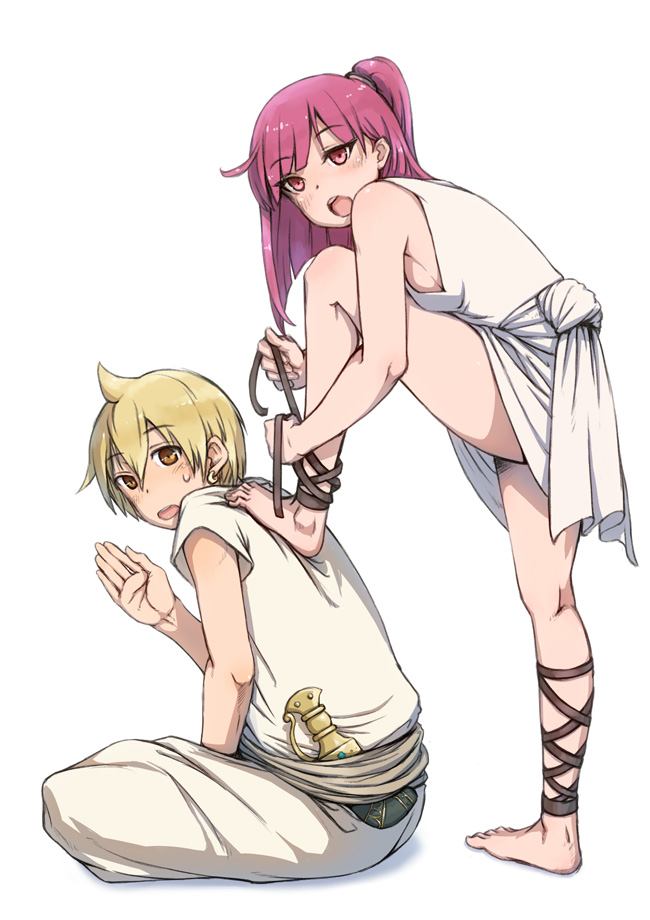 1girl ali_baba_saluja ankle_lace-up ankle_wrap anklet bad_id bad_pixiv_id barefoot blonde_hair breasts brown_eyes cross-laced_footwear dirty_feet hair_ornament jewelry leg_wrap long_hair magi_the_labyrinth_of_magic morgiana nukomasu one_side_up open_mouth purple_eyes purple_hair red_eyes red_hair short_hair sideboob simple_background sitting stepped_on tying white_background yellow_eyes