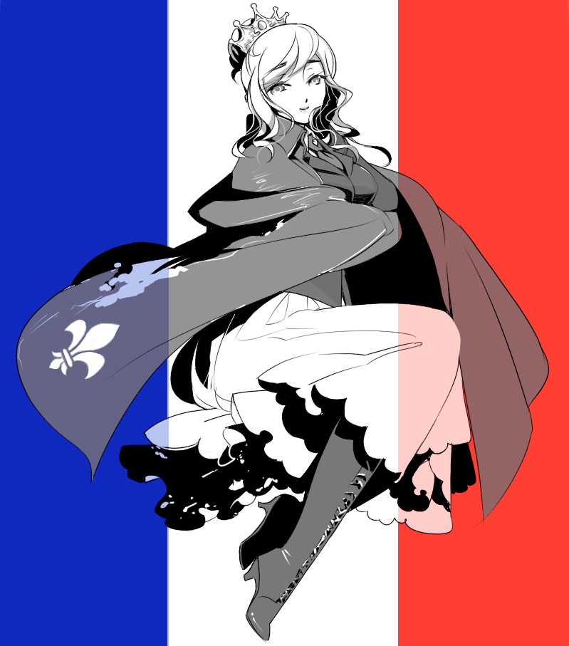 axis_powers_hetalia boots breasts cape crossed_arms crown dress flag_background fleur_de_lis formal france_(hetalia) french_flag genderswap genderswap_(mtf) large_breasts monochrome oirbme pantyhose ponytail smile solo suit