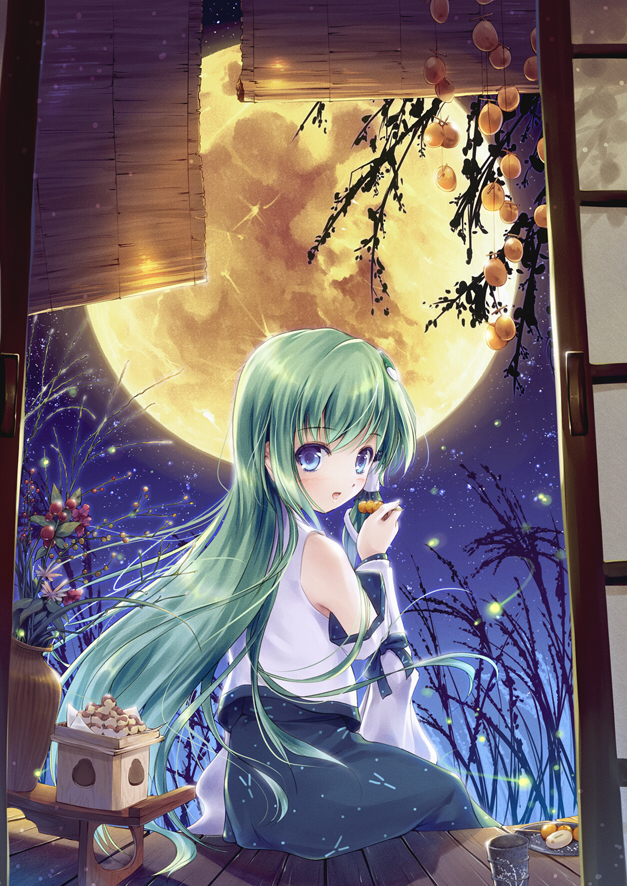 blue_eyes detached_sleeves food frog full_moon green_hair hair_ornament japanese_clothes kochiya_sanae long_hair miyase_mahiro moon sitting snake solo touhou wagashi