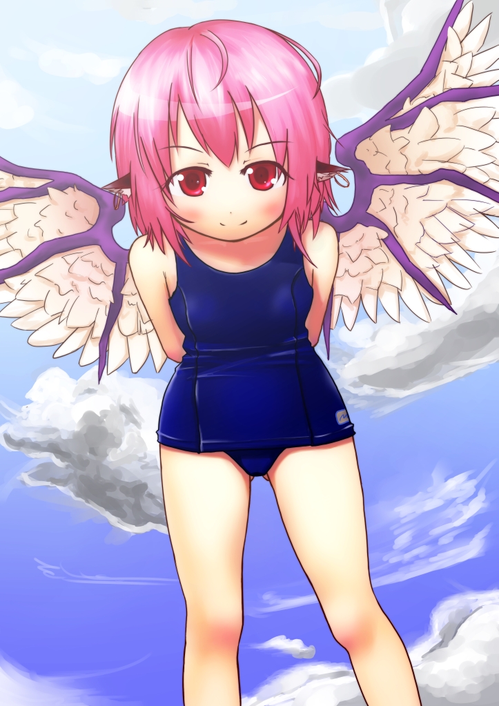 arms_behind_back cloud day jewelry leaning_forward mystia_lorelei one-piece_swimsuit pink_hair red_eyes ruu_(rsei255) school_swimsuit short_hair single_earring sky smile solo swimsuit touhou wings