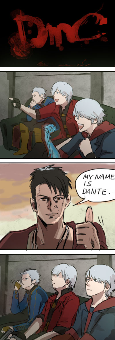 dante_(devil_may_cry) dante_(dmc:_devil_may_cry) devil_may_cry devil_may_cry_3 devil_may_cry_4 dmc:_devil_may_cry english gaijin_4koma gun male_focus multiple_boys nao_(n0803) nero_(devil_may_cry) nose_picking parody thumbs_up vergil weapon