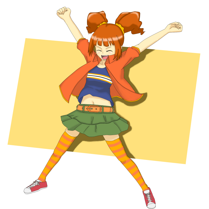 \o/ arms_up closed_eyes full_body happy idolmaster idolmaster_(classic) idolmaster_1 ishi_(isiris) midriff miniskirt multicolored multicolored_clothes multicolored_legwear navel orange_hair outstretched_arms shirt skirt solo stretch striped striped_legwear takatsuki_yayoi thighhighs twintails