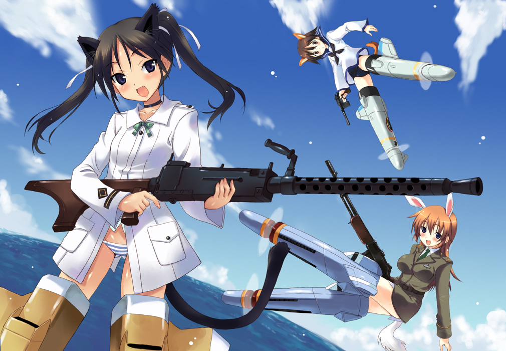 animal_ears black_hair blue_eyes browning_m1919 charlotte_e_yeager francesca_lucchini gun handgun kyougoku_shin light_machine_gun long_hair m1918_bar machine_gun mauser_c96 miyafuji_yoshika multiple_girls panties pistol strike_witches striker_unit striped striped_panties tail twintails underwear weapon world_witches_series