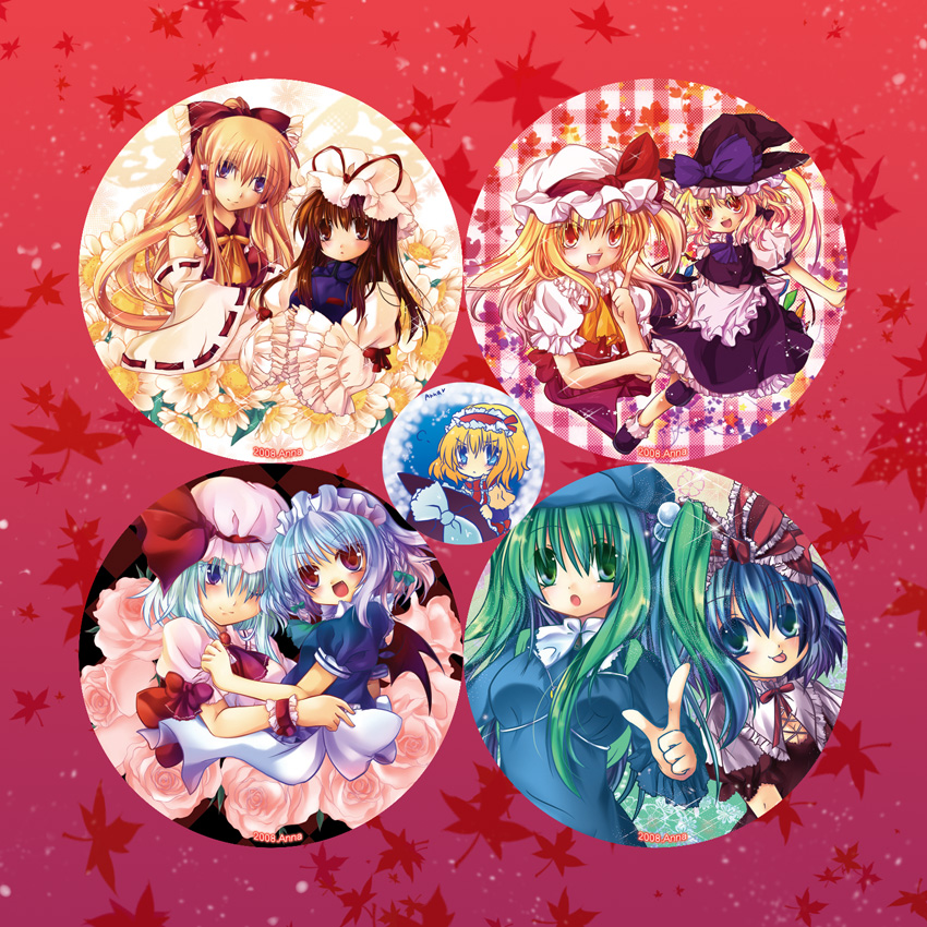 alice_margatroid anna_(small_night) blonde_hair cosplay costume_switch flandre_scarlet flandre_scarlet_(cosplay) hakurei_reimu hakurei_reimu_(cosplay) izayoi_sakuya izayoi_sakuya_(cosplay) kagiyama_hina kagiyama_hina_(cosplay) kawashiro_nitori kawashiro_nitori_(cosplay) kirisame_marisa kirisame_marisa_(cosplay) multiple_girls remilia_scarlet remilia_scarlet_(cosplay) touhou two_side_up yakumo_yukari yakumo_yukari_(cosplay)