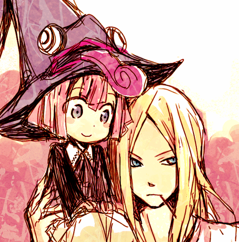 1girl angela_leon bad_id bad_pixiv_id blonde_hair blue_eyes blush child hat lowres mifune pink_hair purple_eyes short_hair smile soul_eater witch witch_hat yamasato