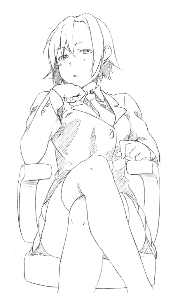 chair chin_rest copyright_request crossed_legs greyscale looking_at_viewer majima_yuki monochrome necktie office_chair short_hair simple_background sitting skirt solo thighhighs traditional_media white_background