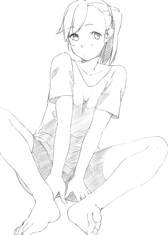 barefoot copyright_request greyscale looking_at_viewer majima_yuki monochrome shorts side_ponytail simple_background sitting solo traditional_media white_background