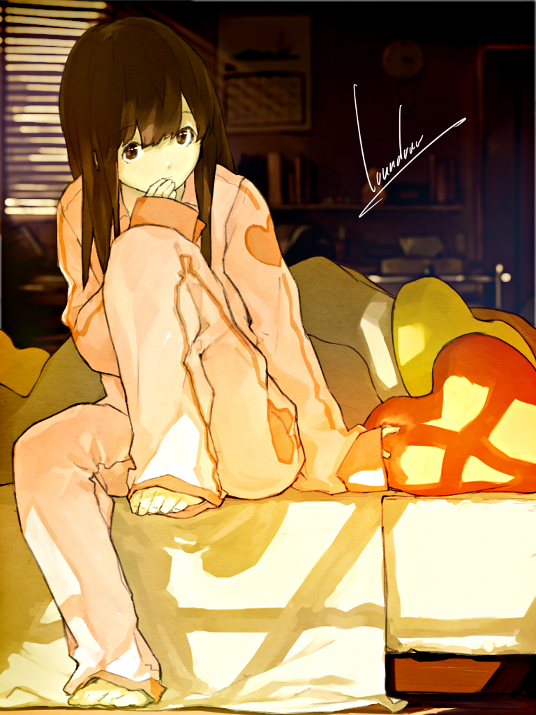 barefoot bed blinds blurry brown_eyes brown_hair depth_of_field hand_to_own_mouth heart leg_up long_hair looking_at_viewer loundraw on_bed original pajamas signature sitting sleeves_past_wrists solo sunlight