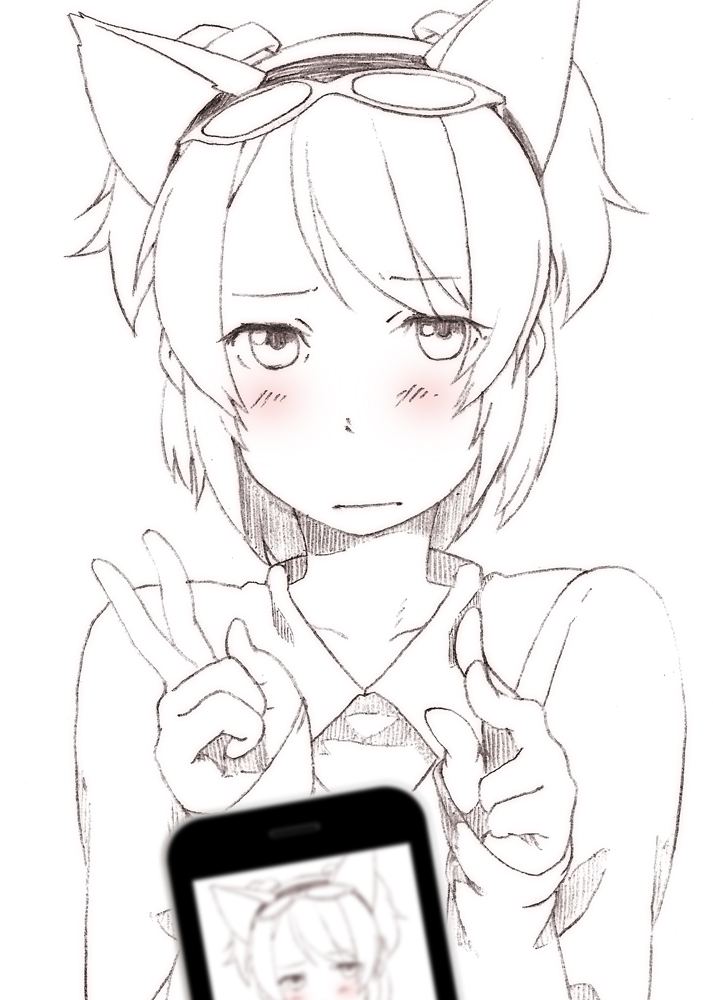 animal_ears blurry blush cellphone cellphone_picture copyright_request depth_of_field eyewear_on_head looking_at_viewer majima_yuki monochrome phone short_twintails simple_background smartphone solo spot_color traditional_media twintails v white_background