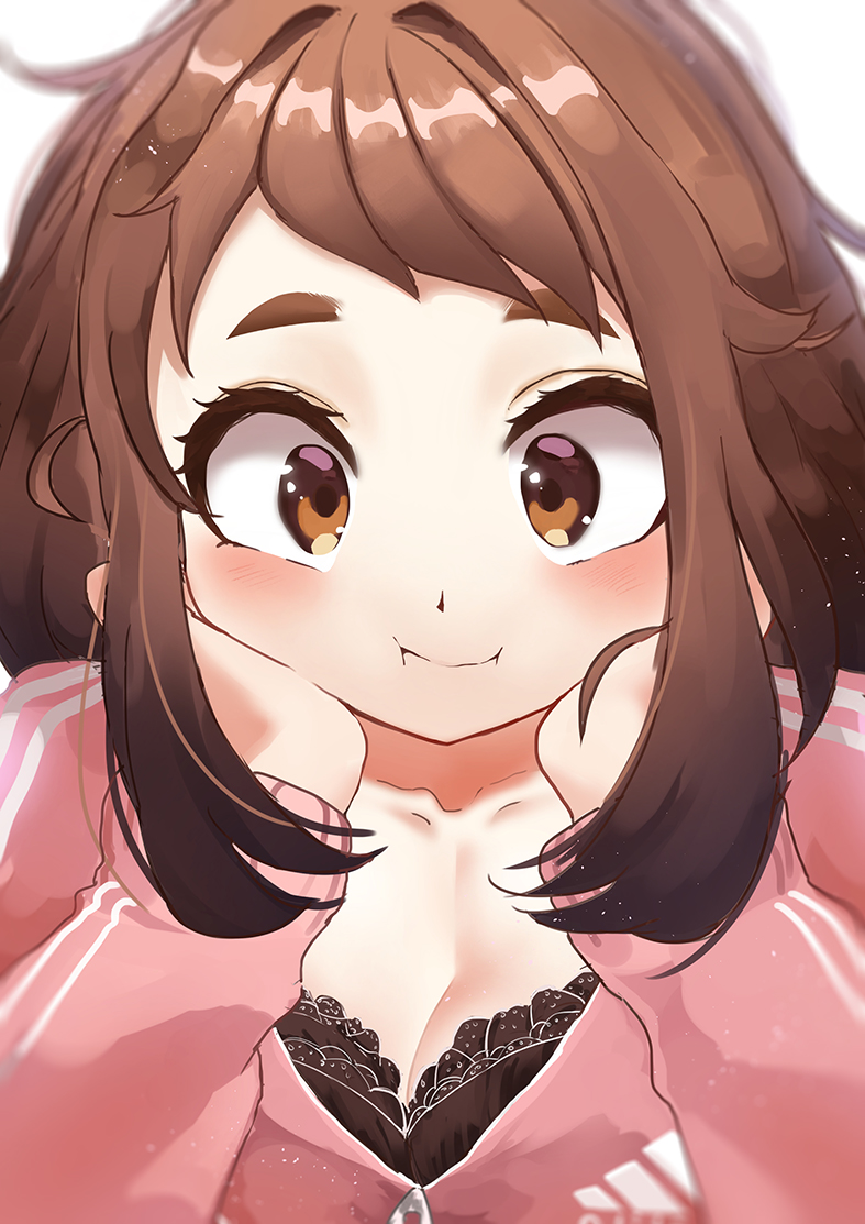 1girl big_eyes black_bra blush boku_no_hero_academia bra breasts brown_eyes brown_hair cleavage collarbone commentary_request dot_nose eyebrows face hand_on_own_cheek happy long_sleeves looking_at_viewer out_of_frame pink_sweater short_hair short_hair_with_long_locks simple_background smile solo sweater underwear uraraka_ochako zd_(pixiv6210083)