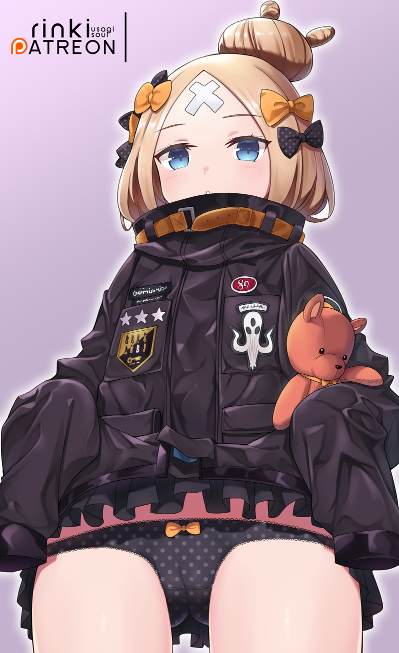 1girl abigail_williams_(fate/grand_order) bangs black_bow black_jacket black_panties blonde_hair blue_eyes blush bow bow_panties cameltoe commentary_request crossed_bandaids eyebrows_visible_through_hair fate/grand_order fate_(series) hair_bow hair_bun heroic_spirit_traveling_outfit highres jacket jacket_lift key lifted_by_self lo_xueming long_hair long_sleeves looking_at_viewer object_hug orange_bow panties parted_bangs parted_lips polka_dot polka_dot_bow polka_dot_panties sleeves_past_fingers sleeves_past_wrists solo star stuffed_animal stuffed_toy teddy_bear underwear