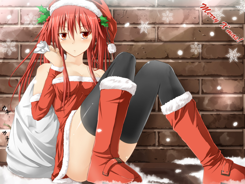 boots christmas cleavage long_hair original red_eyes red_hair snow thighhighs zettai_ryouiki