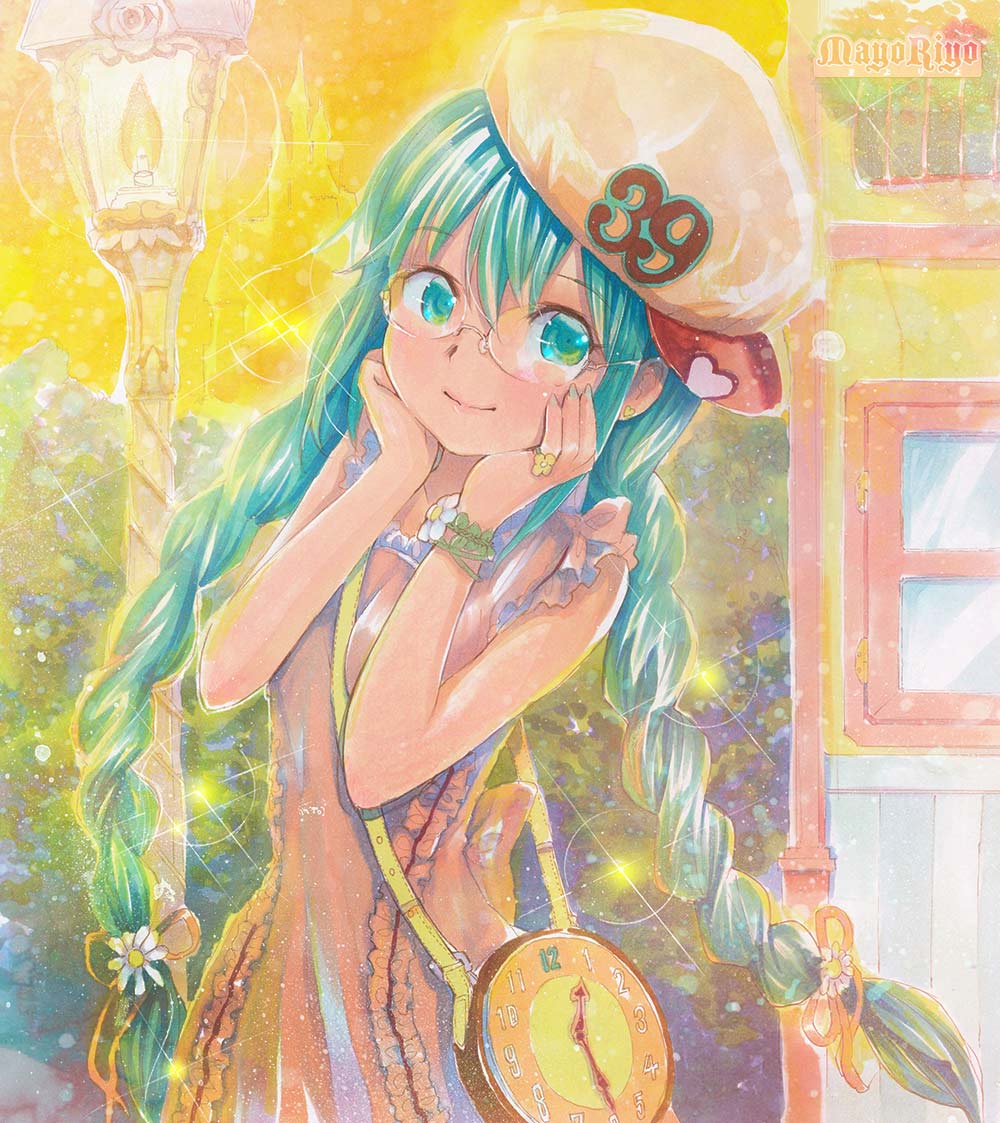 39 analog_clock aqua_eyes aqua_hair artist_name bag bespectacled braid clock glasses hands_on_own_face hat hatsune_miku jewelry long_hair looking_at_viewer mayo_riyo ring smile solo traditional_media twin_braids twintails very_long_hair vocaloid watercolor_(medium)