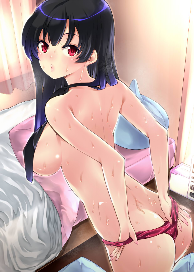 amasora_taichi ass bed bed_sheet black_hair blush breasts buruma buruma_pull butt_crack curtains hair_censor hair_over_breasts indoors large_breasts long_hair looking_back original pillow pulled_by_self red_eyes room solo sweat topless wet