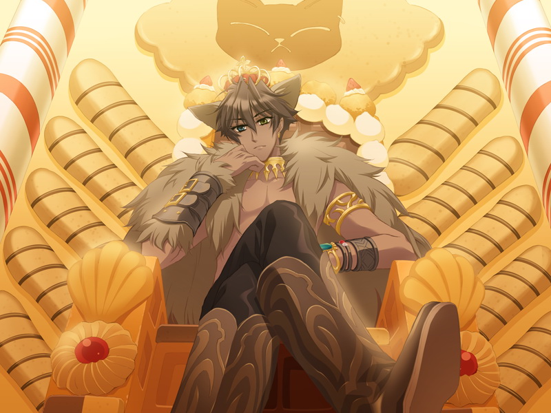 animal_ears armband blue_eyes boots brown_hair cat_ears cookie crossed_legs crown dark_skin dark_skinned_male expressionless extra_ears food from_below fur_trim garnet_cradle green_eyes heterochromia knee_boots kumoya_yukio male_focus official_art pants sariya_(garnet_cradle) sitting solo