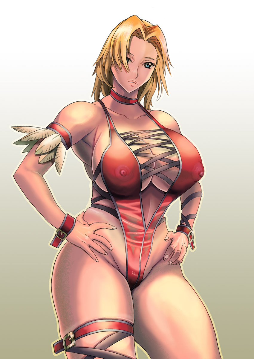 armlet bangs bare_shoulders blonde_hair blue_eyes breasts choker cleavage covered_nipples curvy dead_or_alive dead_or_alive_2 hands_on_hips highres huge_breasts leotard parted_bangs red_leotard short_hair sideboob signal-green simple_background skindentation solo thick_thighs thigh_strap thighs tina_armstrong underboob