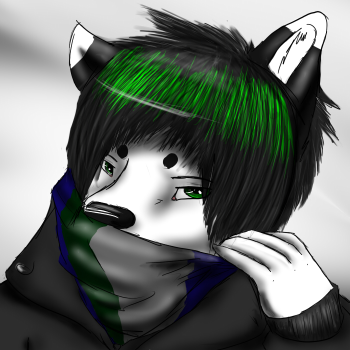 ambiguous_gender anthro black_fur black_hair black_nose canine clothing coat fur fursona green_eyes green_hair hair looking_at_viewer mammal maronthehusky plain_background simple_background solo white_background white_fur