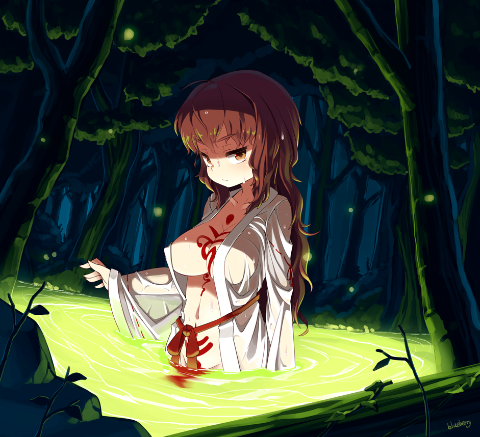 blueberry_(5959) breasts brown_eyes brown_hair cleavage collarbone large_breasts light_particles long_hair looking_at_viewer open_clothes original partially_submerged solo tree water wet