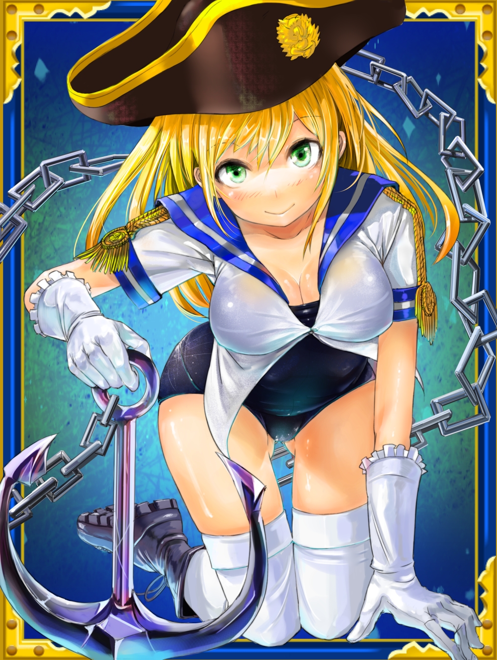 anchor bicorne blonde_hair boots border breasts chain cleavage collarbone gloves green_eyes hat highres holding kneeling koruse large_breasts long_hair looking_at_viewer one-piece_swimsuit original school_swimsuit school_uniform serafuku smile solo swimsuit swimsuit_under_clothes thighhighs white_gloves white_legwear