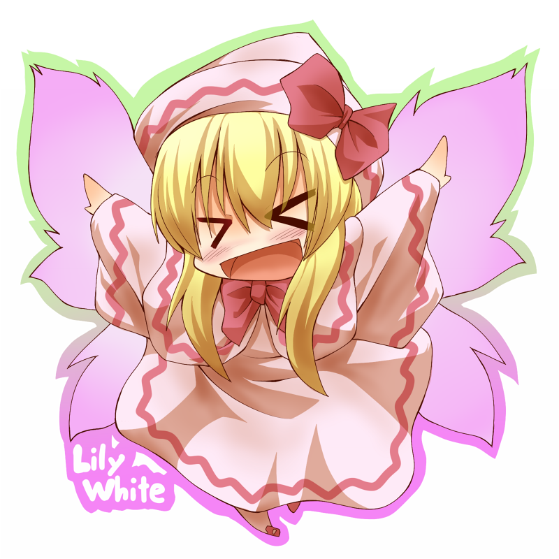 &gt;_&lt; blonde_hair blush character_name chibi closed_eyes hat kuromiya lily_white long_hair open_mouth simple_background smile solo touhou white_background wings