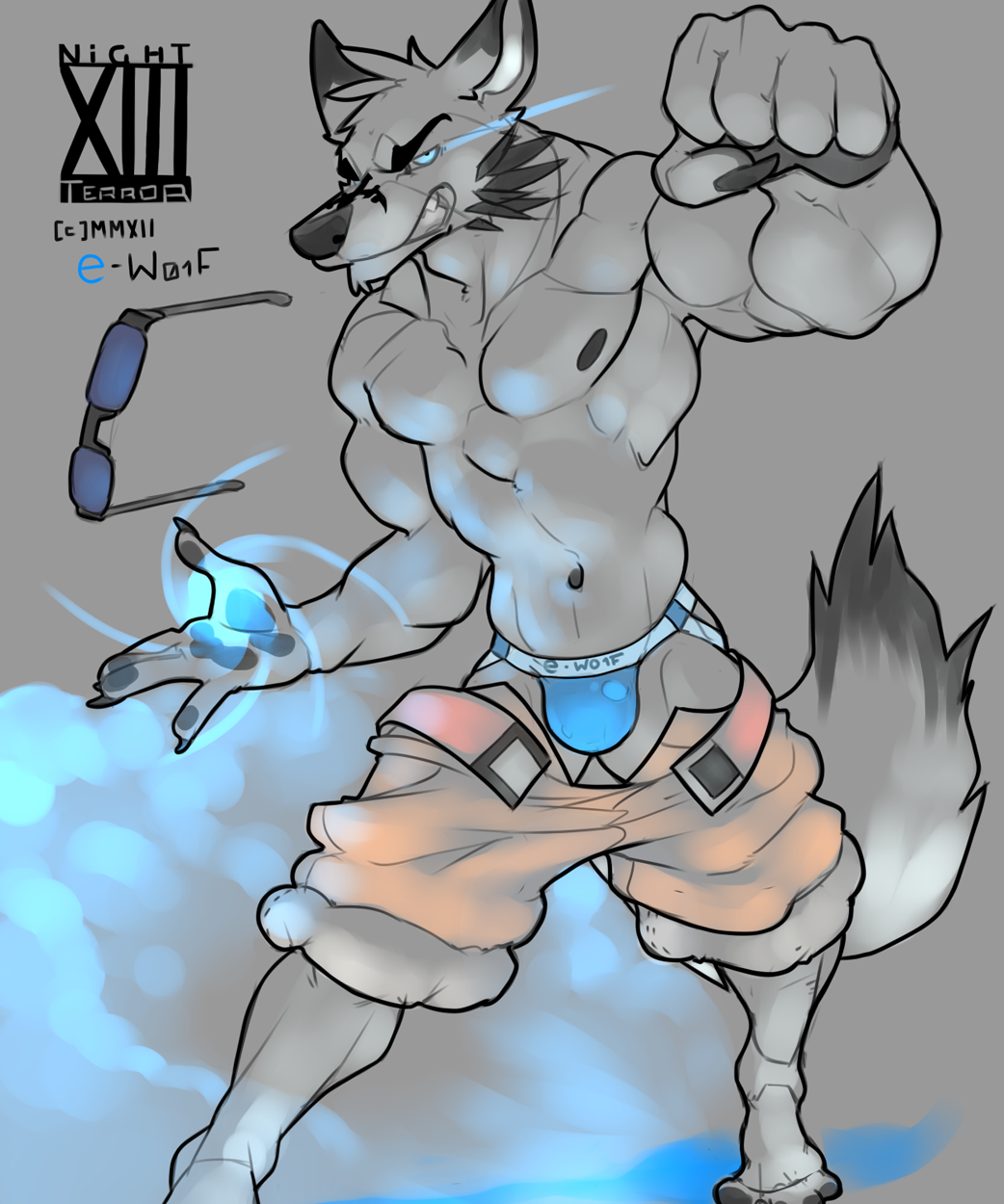 angry belt biceps black_fur black_nose blue_eyes clenched_teeth clothed clothing e-w01f eyewear fist flexing fluffy_tail fur glasses glowing glowing_eyes grey_fur half-dressed magic male muscles nipples pecs shorts solo teeth topless underwear